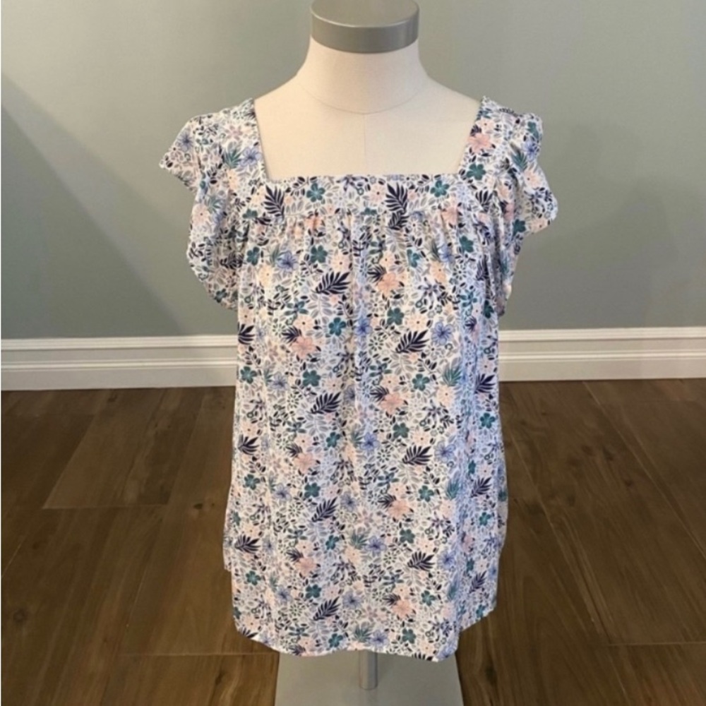 LOFT woven top - white/blue/pink/green floral - size S